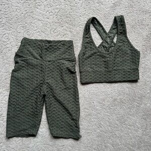 Textured Olive Green Workout Set - Cropped Leggings + Crisscross Sports Bra